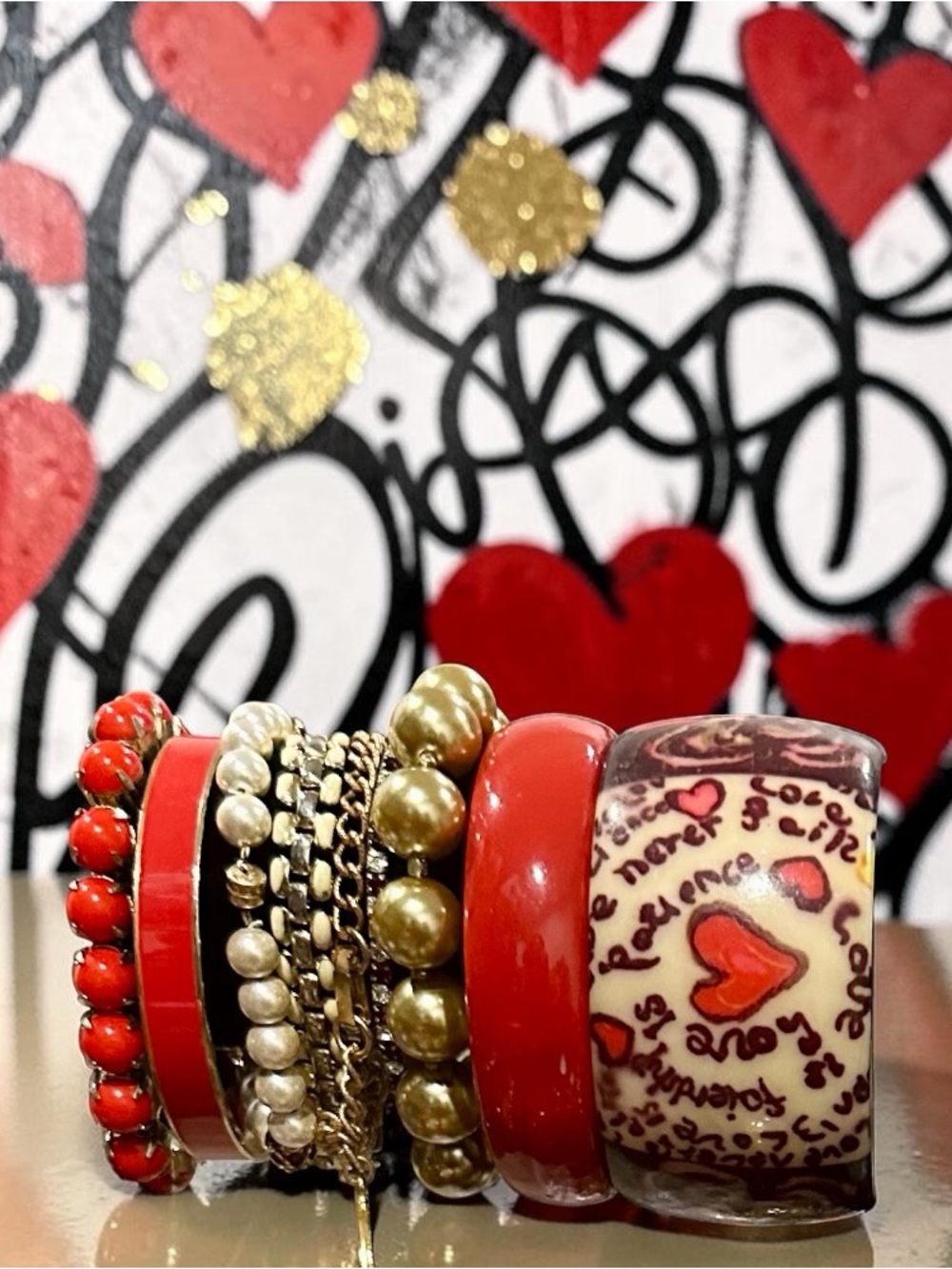 Vintage Boho Red Lucite Bangle Bracelet Stack Gold Pearl Beaded Acrylic Cuff